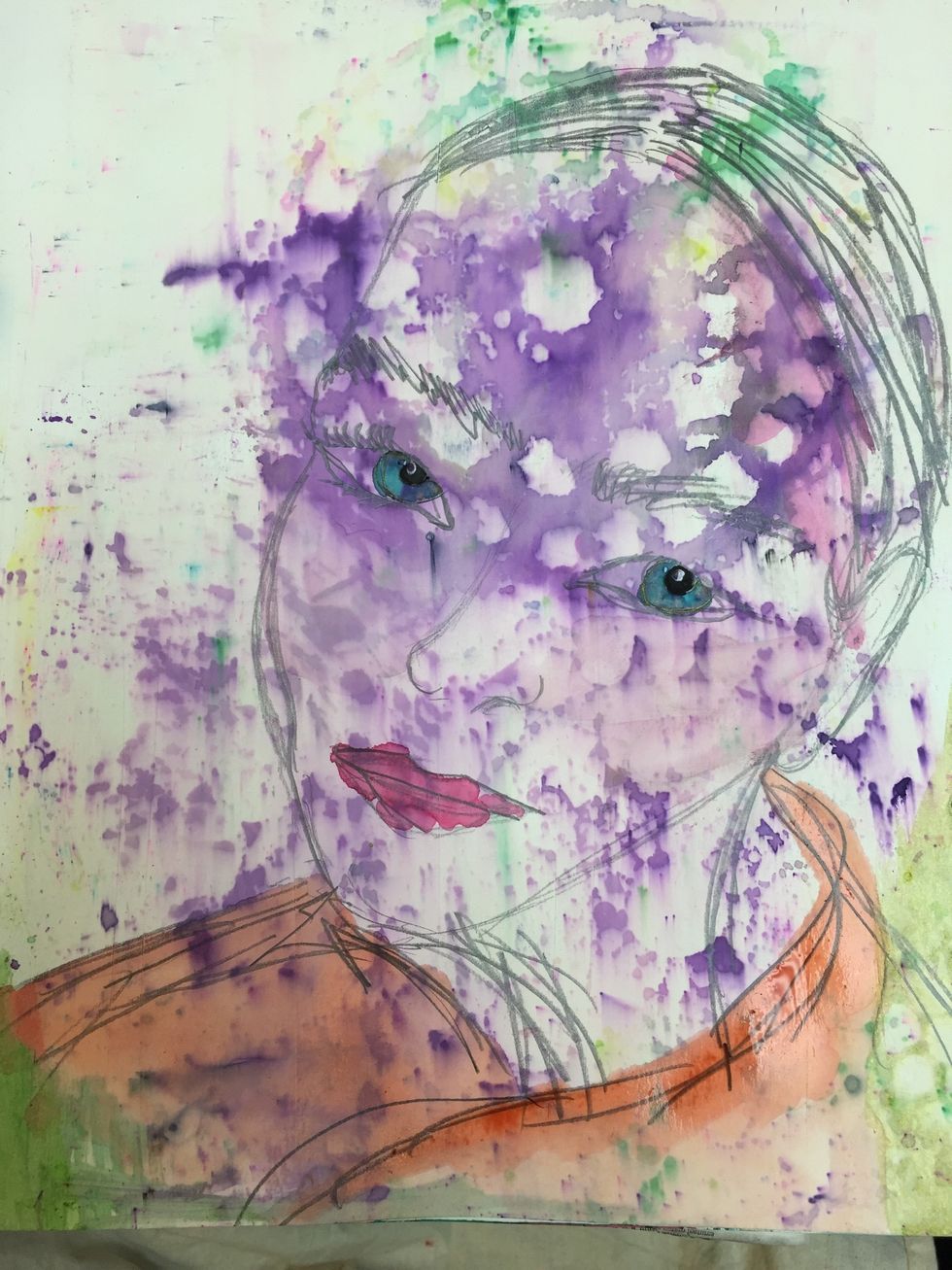 I love the contrast using the turquoise gave the eyes. I added a bit of orange to paint her gown The Fuchsia is on her lips and really watered down on her cheeks