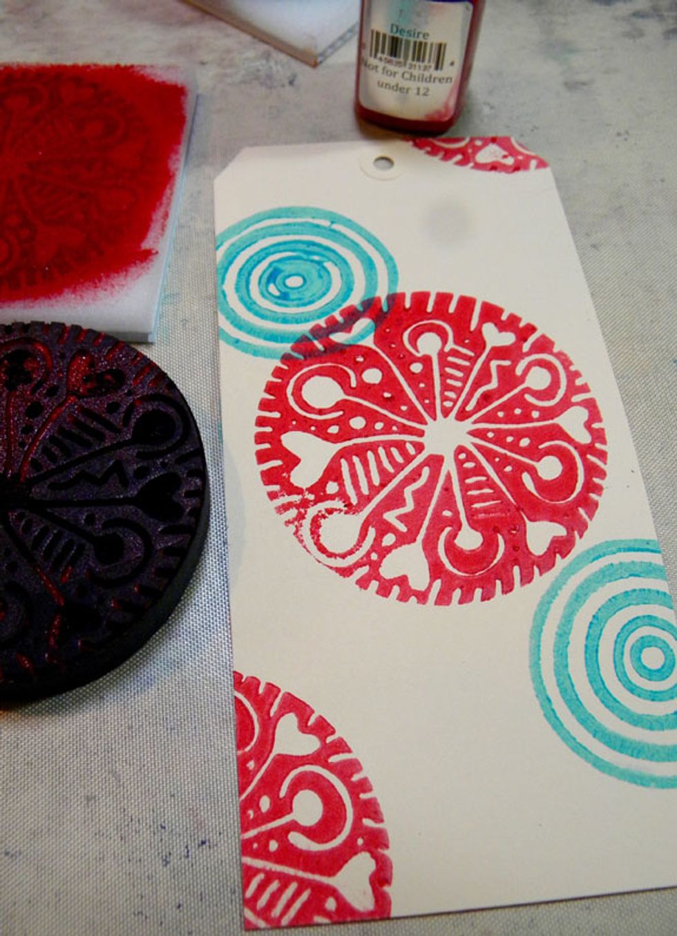 I love the image I get with these stamps and Art Anthology Velvets. And since they are semi-transparent mediums, they layer well. This stamp is called Love Candy and is designed by Julie Balzer.