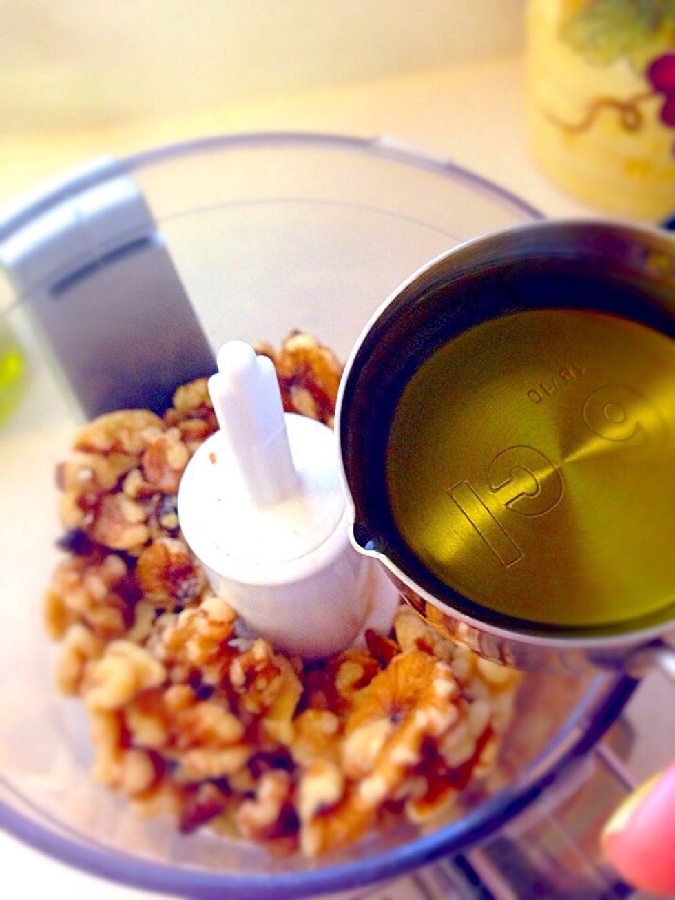I love to make more spread then I usually need just because I can store it in a fridge and use in sandwiches or with crackers\ud83d\ude0b. Blend 1 cup walnuts with 1/4 cup olive oil, add course salt to taste