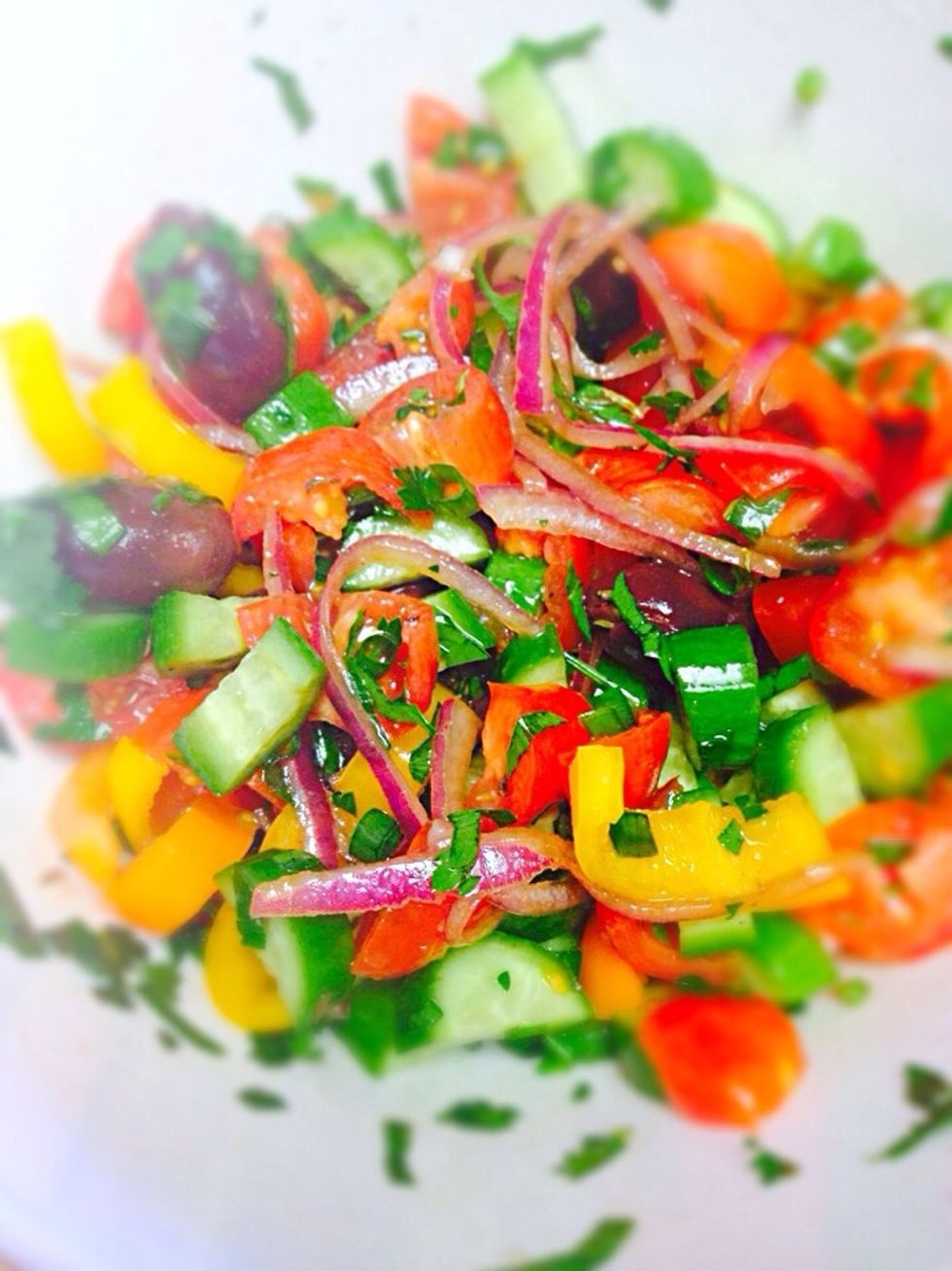 I'm adding salad's flavors which are thyme with olive oil/balsamic/lemon mixture. Sprinkle with salt and pepper to my liking. Mixing mixing