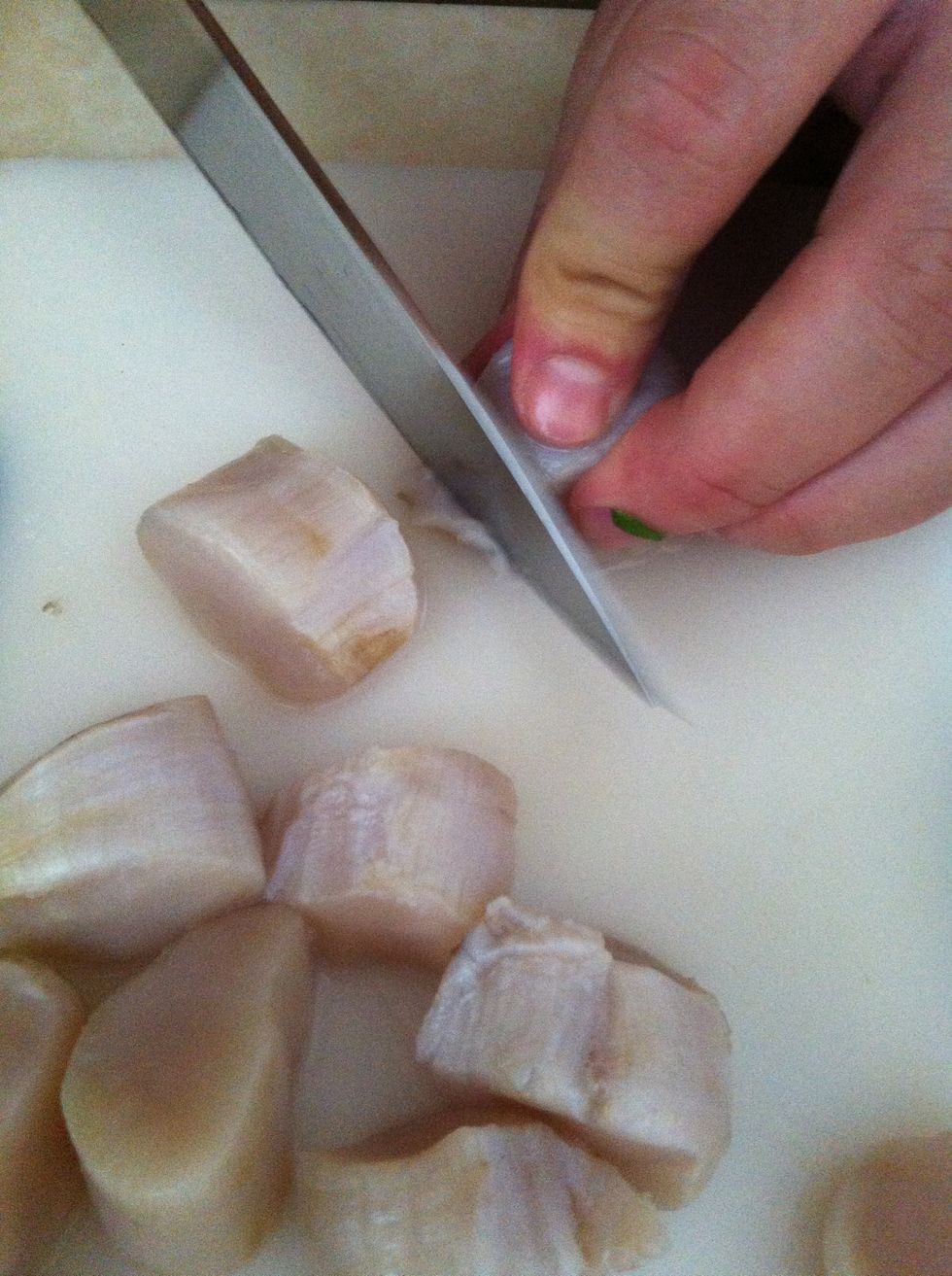 I'm adding scallops to my ceviche and I like to cut a little brown part that's on them and make them round, i don't think it matters if you don't do it