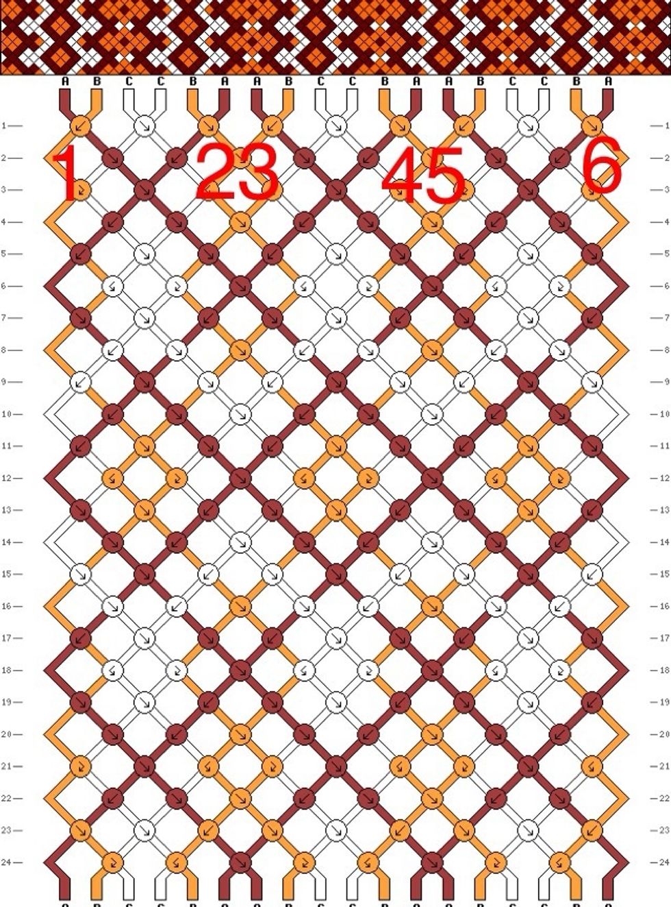 I'm cutting my strings color by color, so first I count how many of the dark brown string I need. (6... all the ones with an "A" above them are the ones I'm counting.)