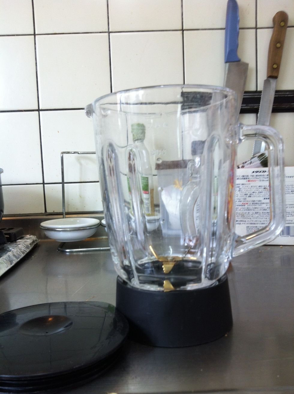 I'm going to use a blender to speed up the process. All ingredients are approximate. This recipe makes four medium-sized pancakes.