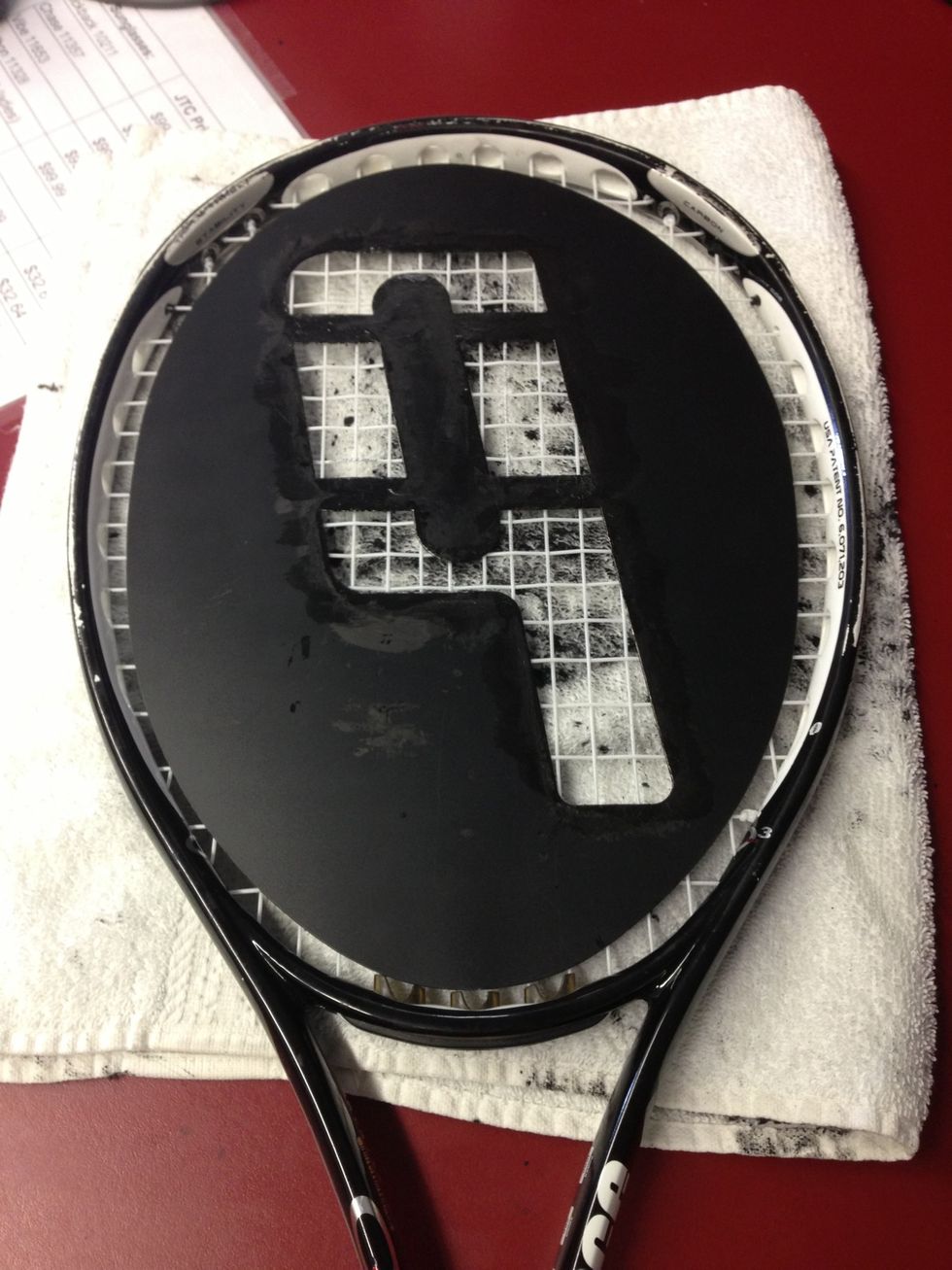 I'm going to use a P-stencil since my racket is made by Prince. If you have a Babolat racket or wish to do your own design you can free hand it.
