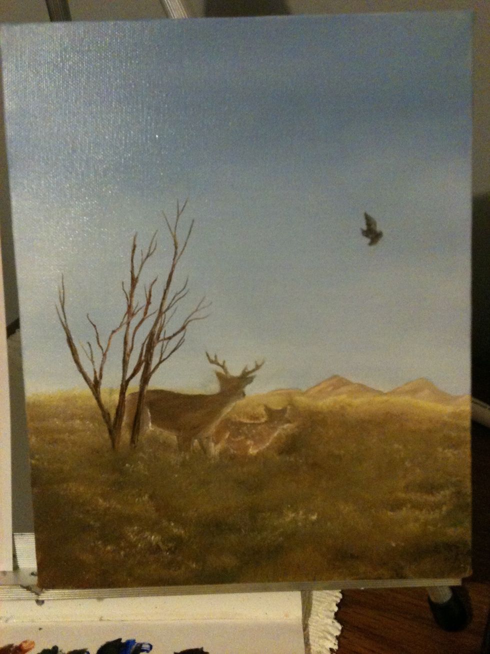 I'm satisfied with it! Don't forget your signature! :) I would use colors that have good contrast and that are already in your painting. I just use white. Grab your twiggy liner and thin your white.