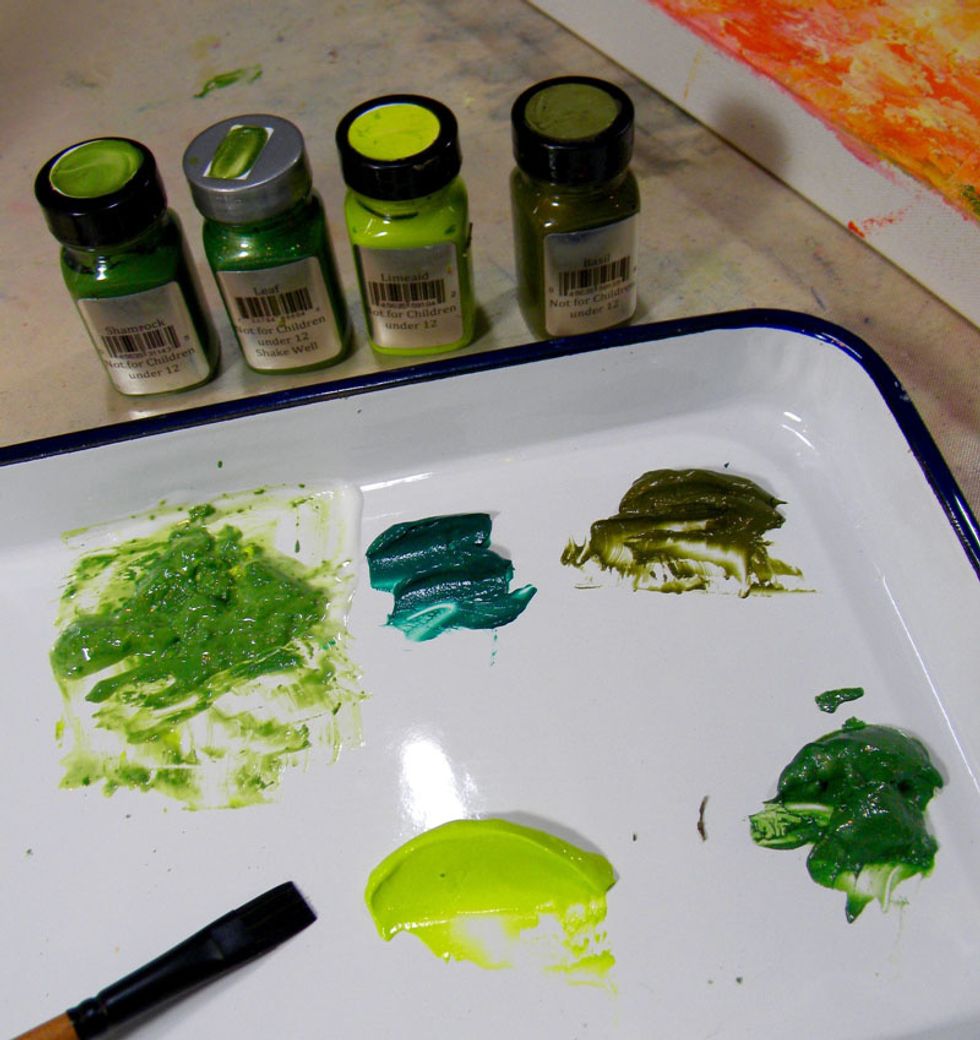 I'm using 5 different greens and gesso to create the palmetto leaves.