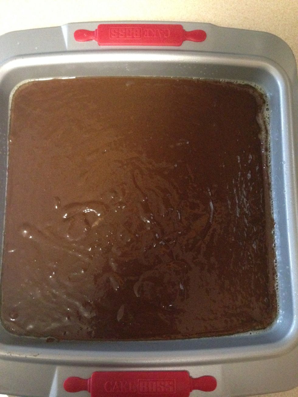 I'm using a 9 by 9 cake pan. Bake at 350 for 25-30 mins or until a knife comes out clean.