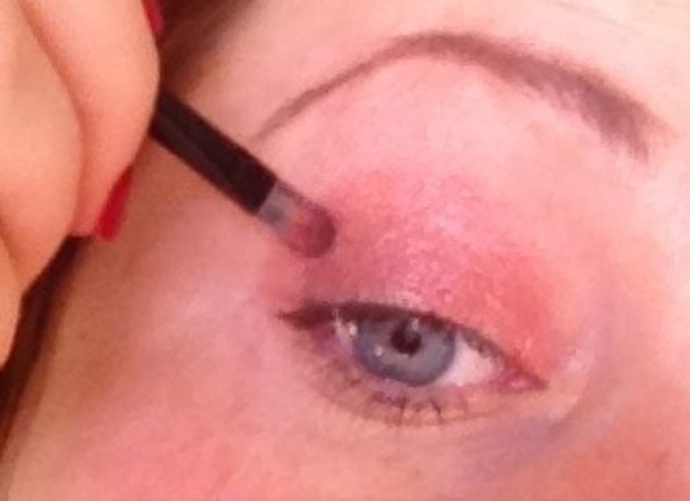 I'm using a brick red shimmer eyeshadow this one is from MUA but use whatever brand you like cover the whole eyelid with this shadow I tend to go just below brow bone with my colour but it's up to you
