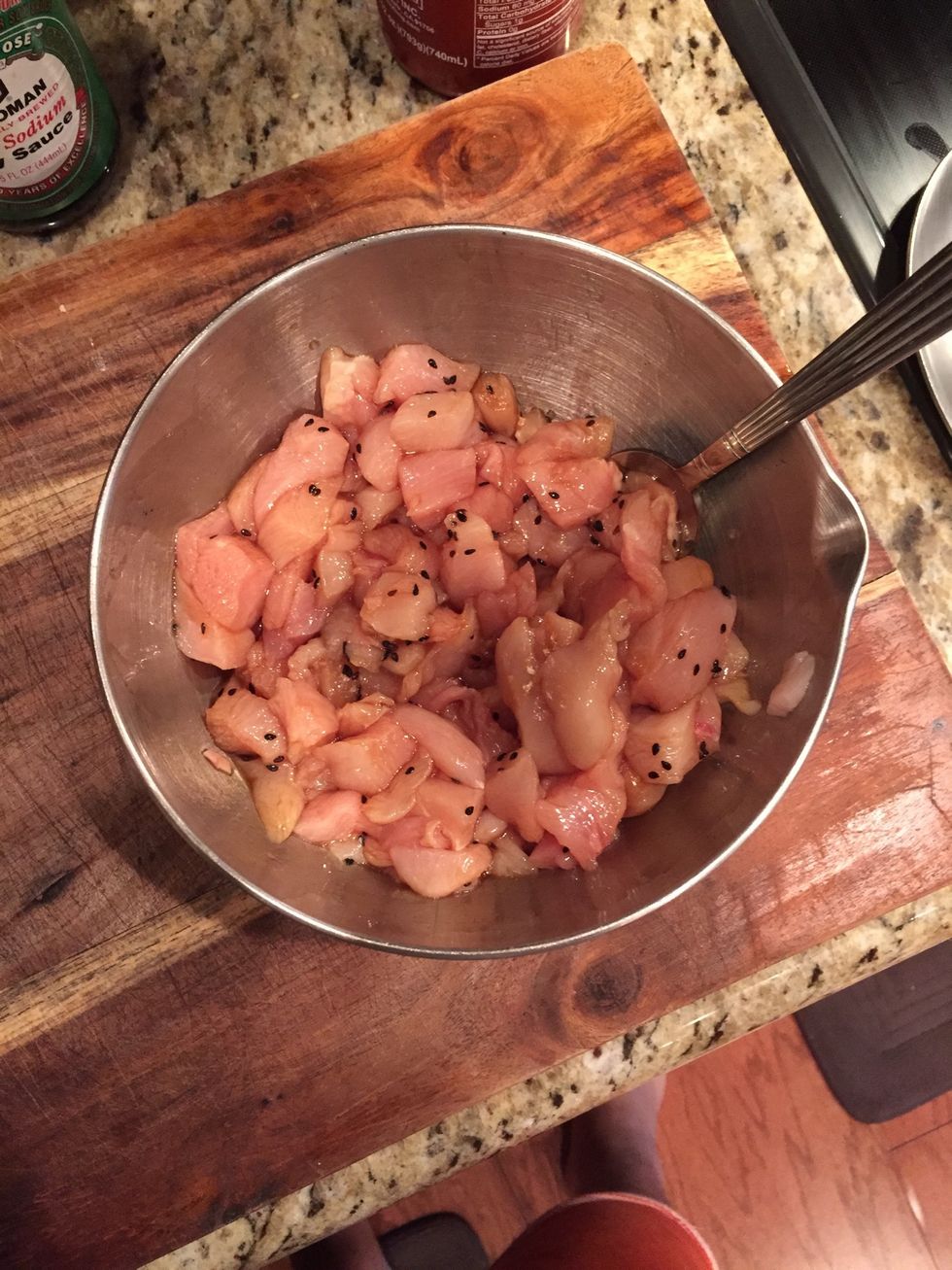 I'm using chicken, you can use anything. I recommend tofu or shrimp. Or just leave it veggie!