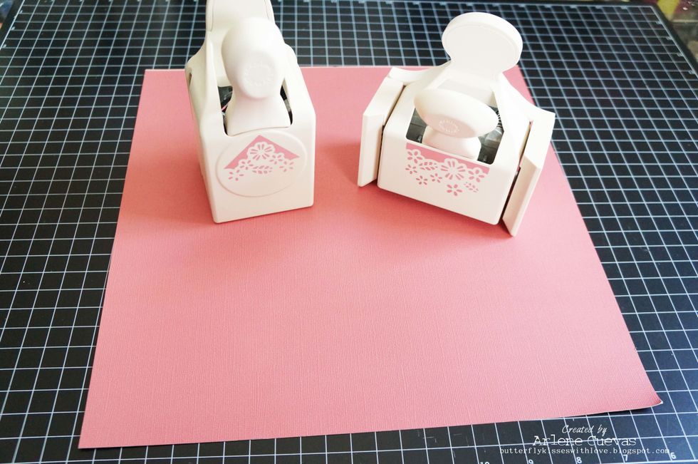 I'm using Coordinations Graphic 45 Signature Series 12x12 card stock as the base of my page. I'll be using a Martha Stewart corner/border punch set to accent the edges...