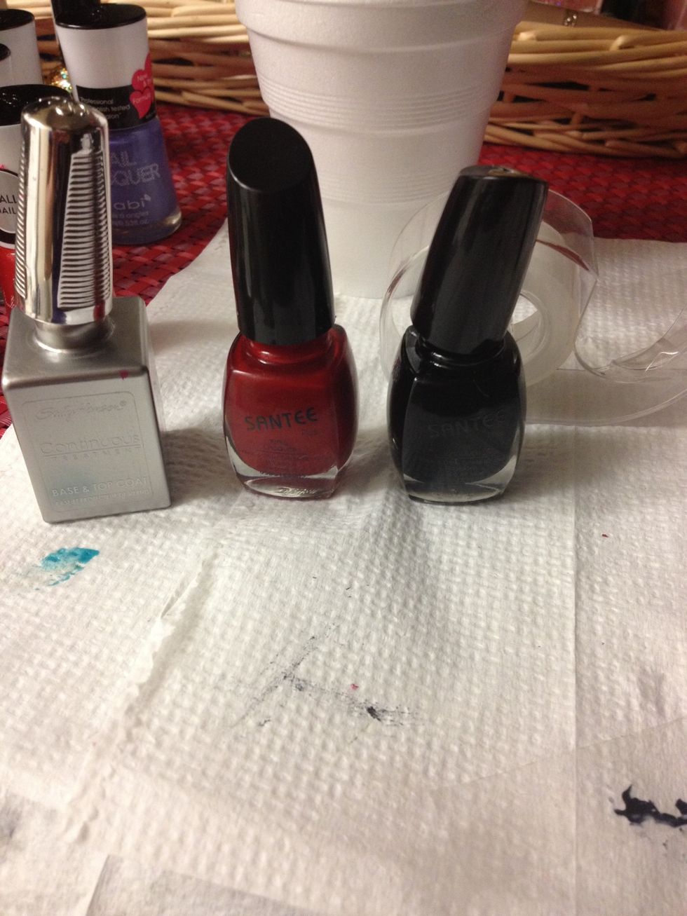 I'm using Sally Hansen base and top coat , santee angel red and black , as well as regular tape \ud83d\ude0a