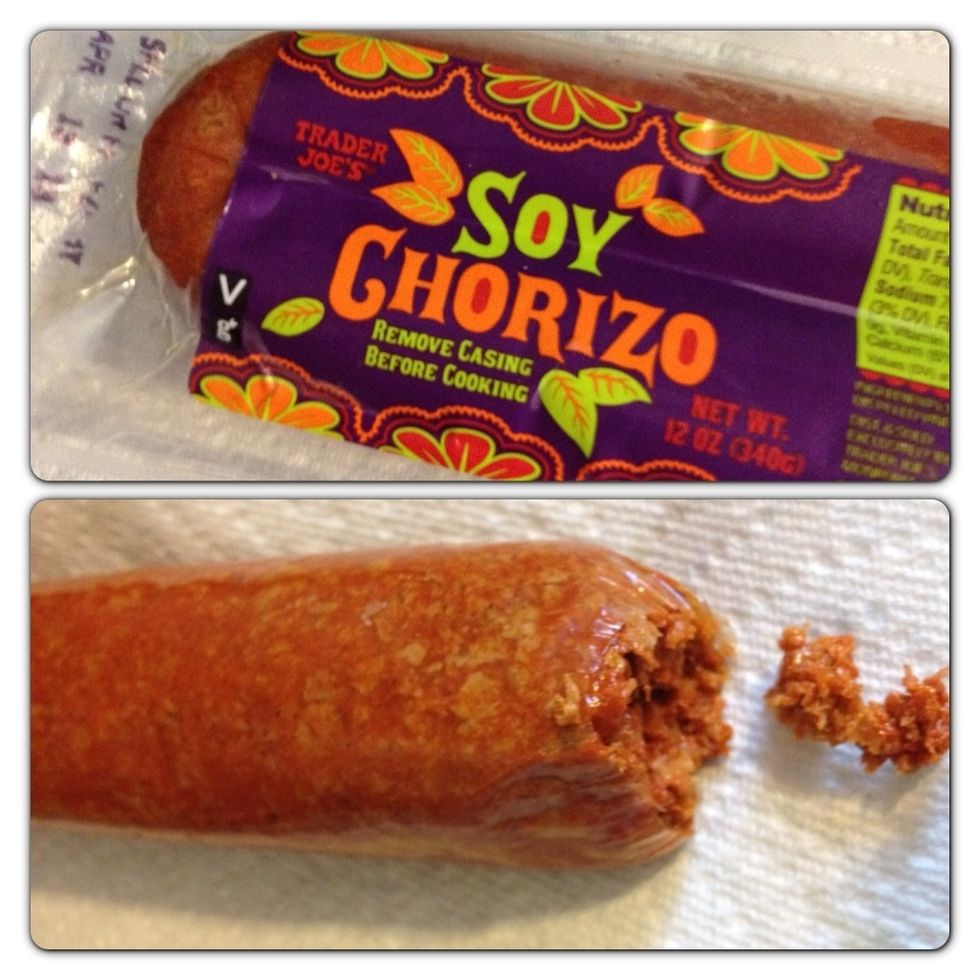 I'm using soy chorizo (so vegetarians can also have some) but you can use the real thing if you prefer. Snip the ends off because we're going to remove the chorizo from the casing\u2026