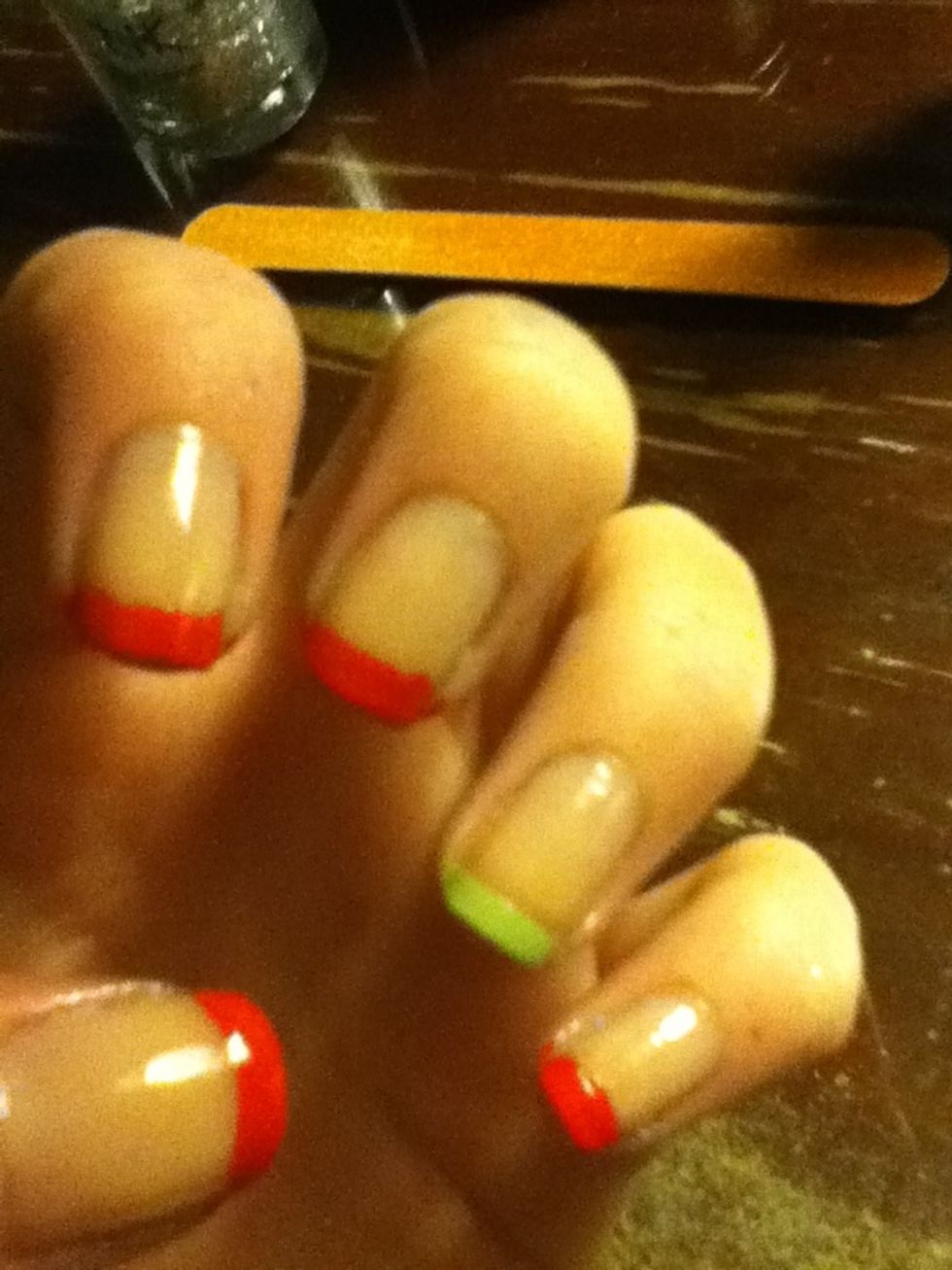 I'm using watermelon and lime lol. Anyway frenchtip your nails according to the color of the fruit you want. I didn't make it perfect because I'm covering it with glitter. But that's optional!
