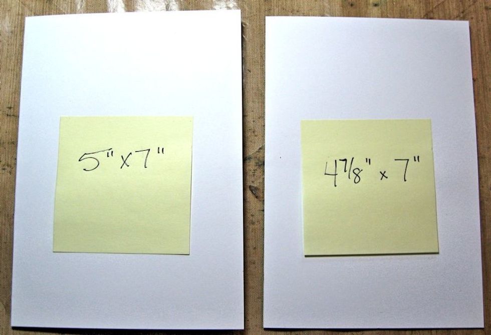 I'm using white paper for better visibility. Cut two card bases: one measures 5" wide x 7" tall. The other measures 4 7/8" wide x 7" tall.