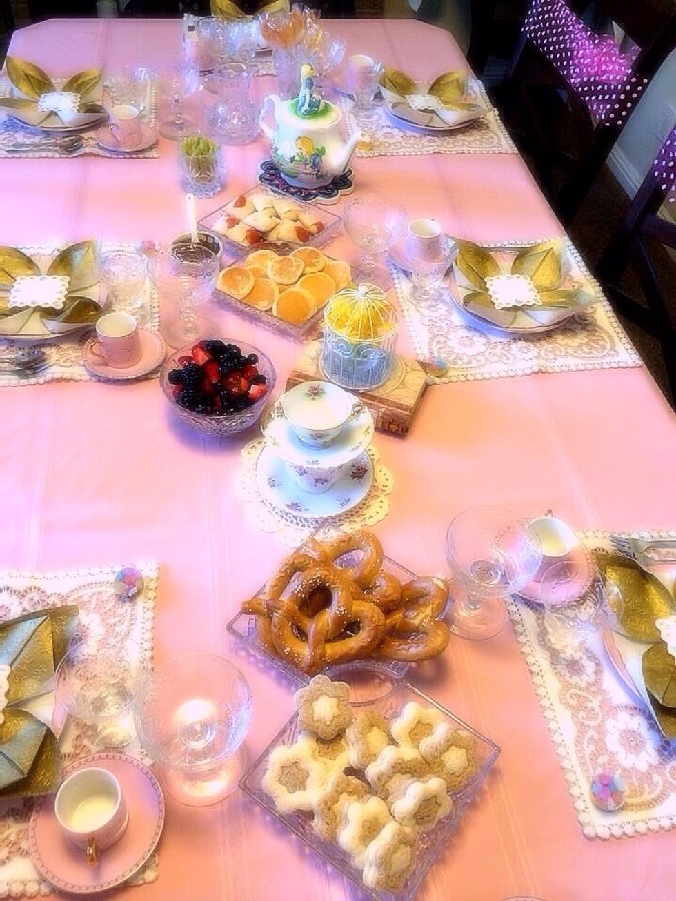 I made a very simple no fuss menu, that included tea sandwiches. I bought frozen premade soft pretzels and reheated in the oven, pizza pockets and little pancakes. Berries for freshness