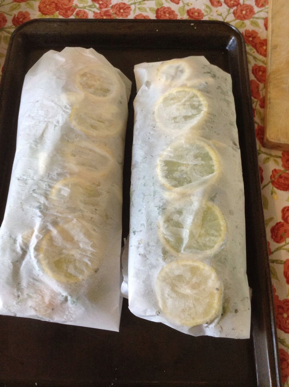 I made two because I'm having a friend over for dinner. Put these into the oven and bake for 15-20 minutes depending on the thickness of your fish.