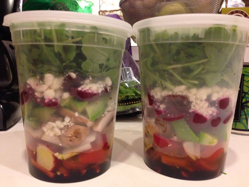 I make 2 at a time and take them both to work to have for 2 days. The important part is to keep the greens from the dressing so it doesn't get soggy (keep in upright position).