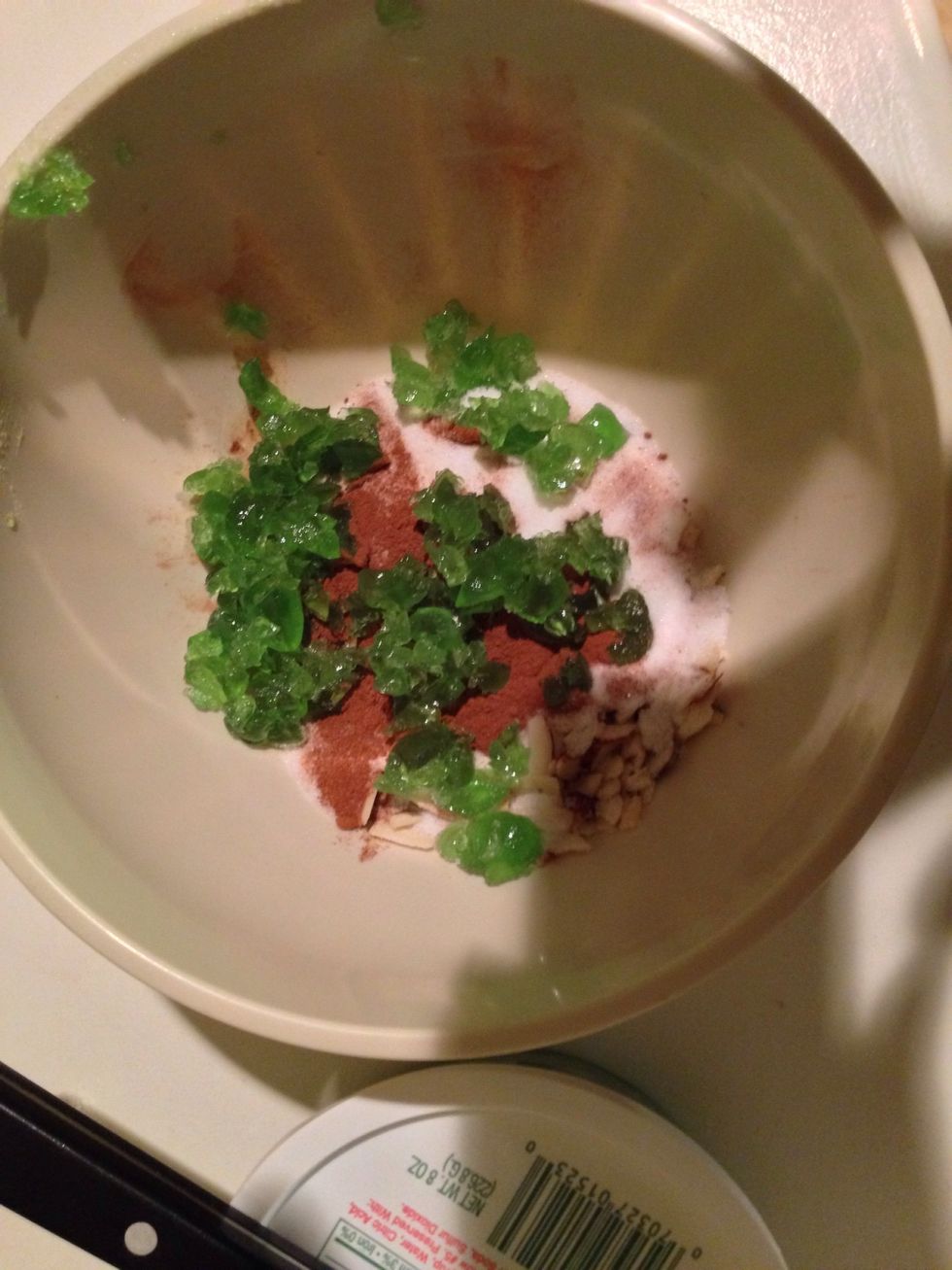 I mixed the chopped green cherries, sugar, sliced almonds, and Saigon cinnamon in a small bowl.