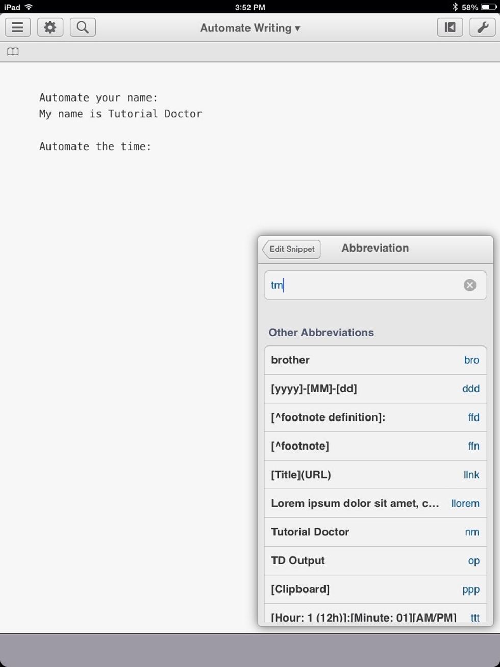 I named the abbreviation "tm." When I type "tm" the current time will be displayed in format I set.