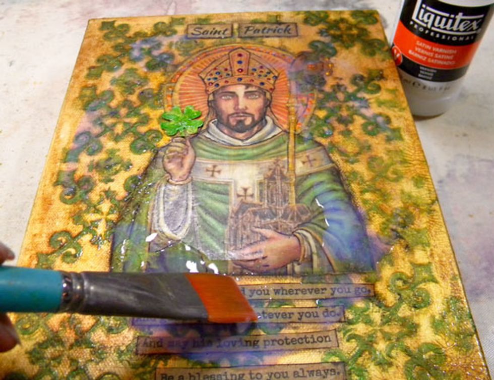 I noticed that the cracks like to peel off in certain places so to keep everything in place, I gave the whole canvas a coat of satin varnish.