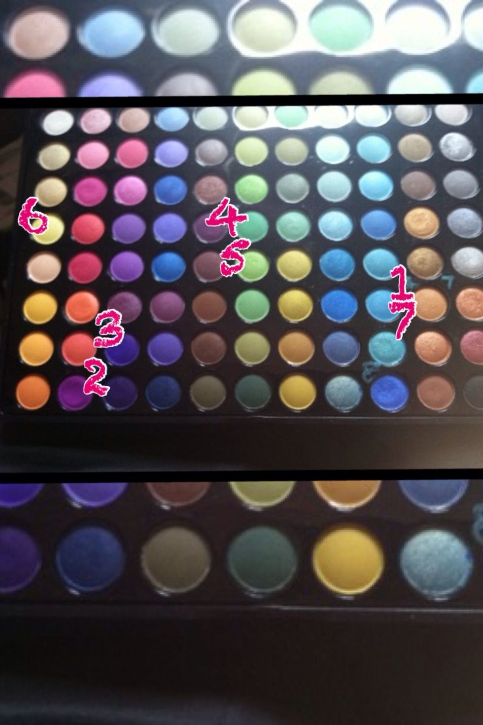 I number the color of the shadows according to the order on how I apply them. 1 and 7 are the same brown color. I forgot to no.8 but it's the bright blue on the palette just below no. 7. Next to brown