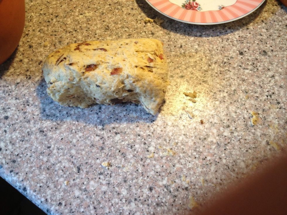 I only baked half of the portion.  You can at this point freeze the dough in scones shape, take out in the evening, put in fridge over night, bake in the morning.