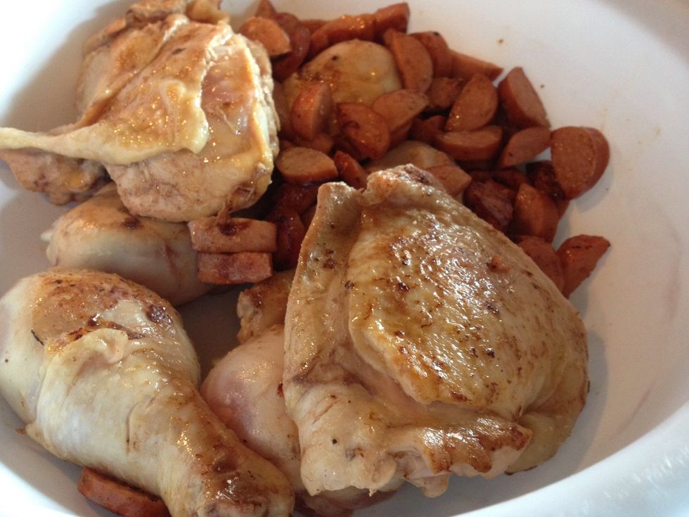 I only have a 12-in skillet, so my frying was done in batches. I just tossed the chicken & sausage in a nearby bowl while I finished the rest.