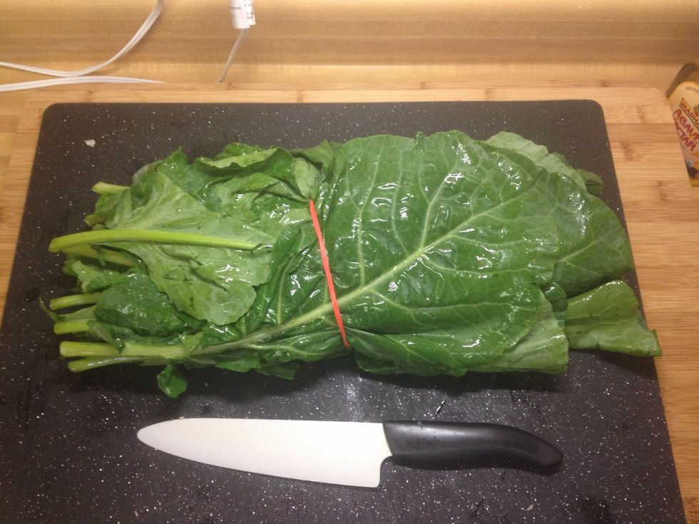 I only used one big bunch of greens here which fed two people for two dinners. A big bunch this size will feed a family of four but two bunches will give 4 big portions plus left overs