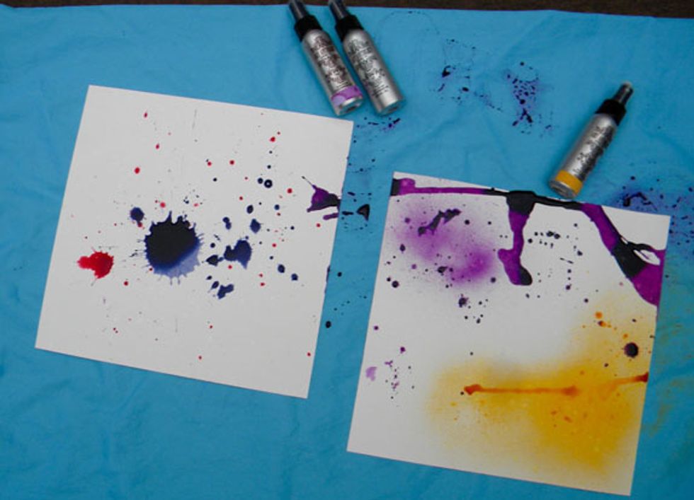 I opened the bottles and splattered or poured Lark and Patience Colorations Sprays on one paper, and Lark and Timeless on the other. I poured a bit too much Patience on the second paper!