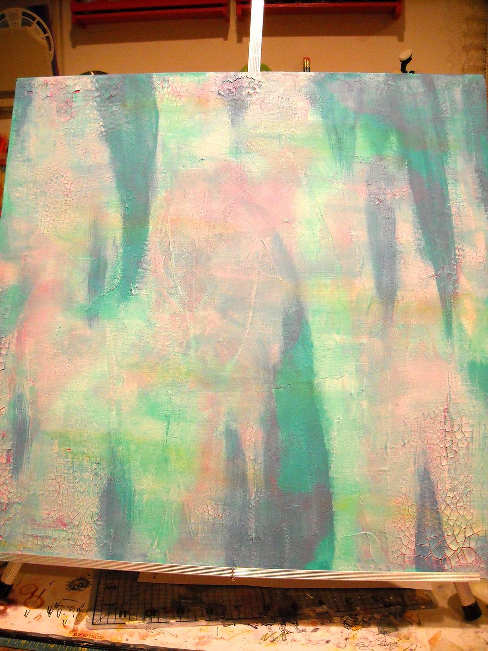 I painted colors at random. All but the dark turquoise were added then wiped with baby wipes to lighten and blend the colors.