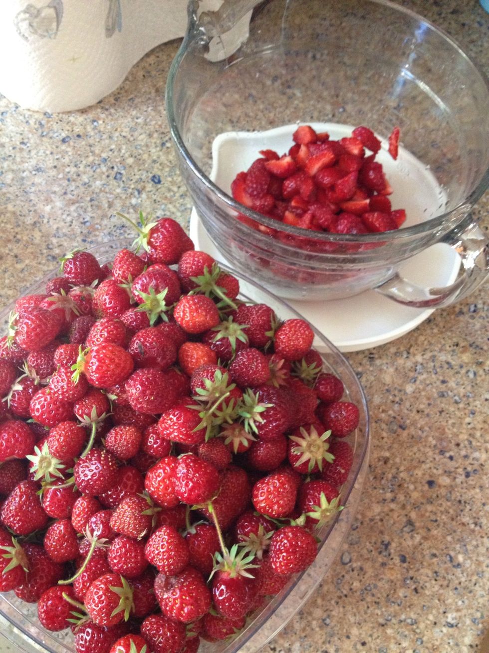 I picked 16 cups of strawberries today, but will use about half of them (8 cups).