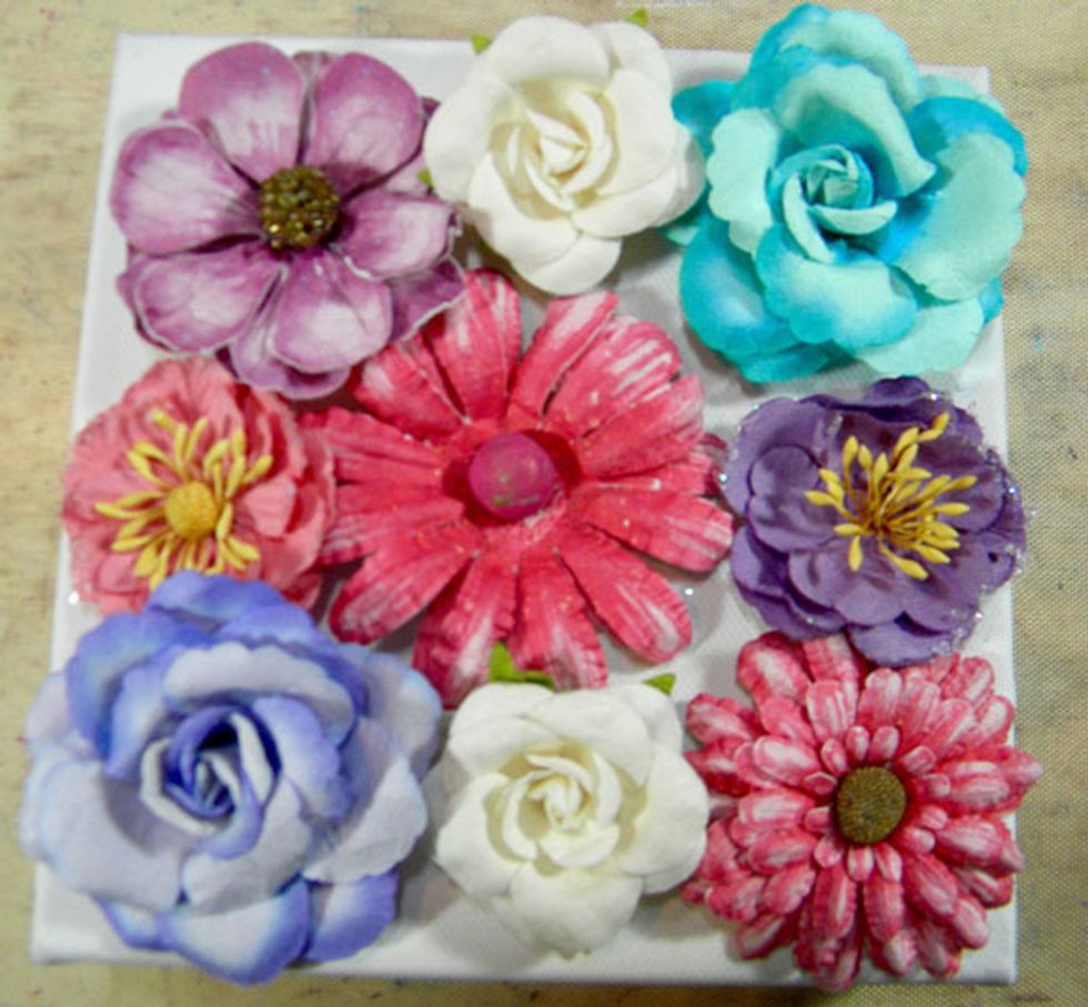 I picked different sizes and types because it adds interest to the finished canvas.  Don't worry about colors.  The flowers will be completely covered with paint.