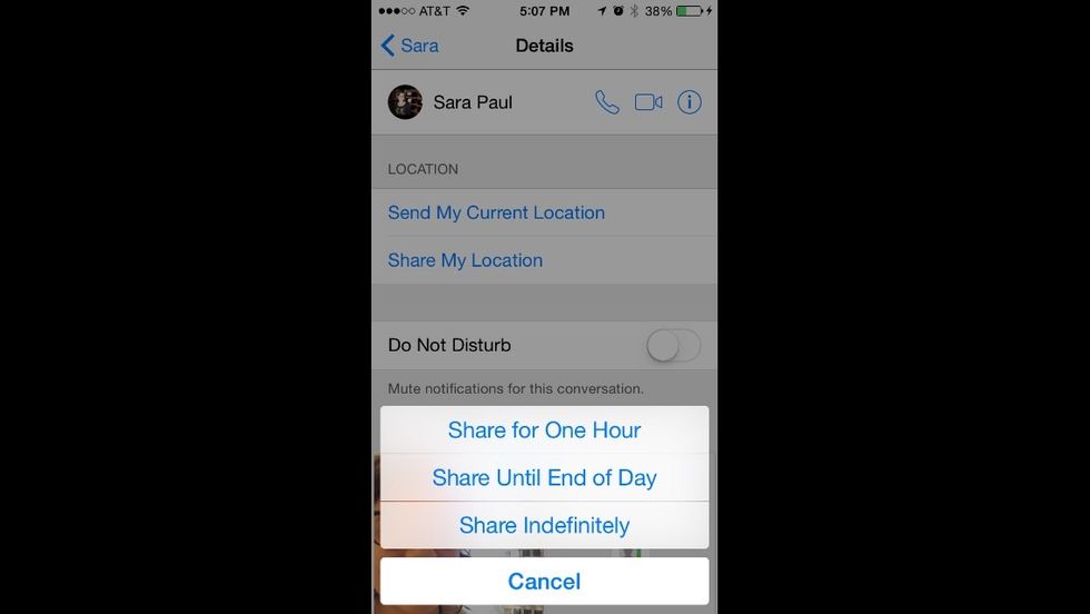 I picked Share my Location. It now asks how long I want to share my location updates with my friend. The options are for an hour, until end of day or share indefinitely. The map will update as I move.