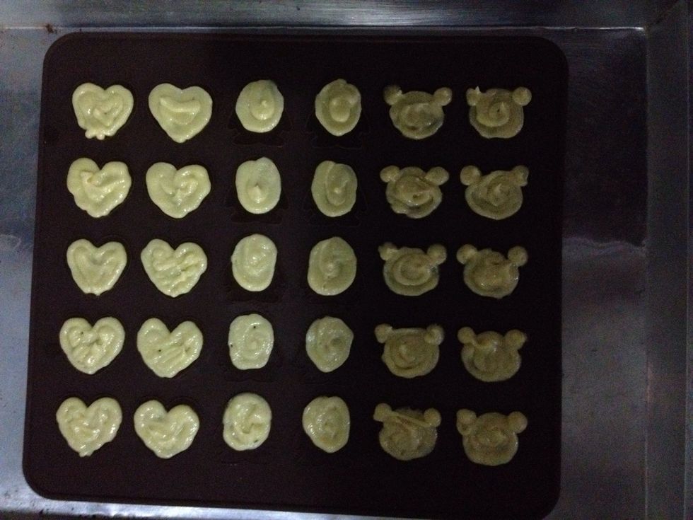 I piped this into hearts, ovals, and bears. Put in oven and bake for 8-10 mins.