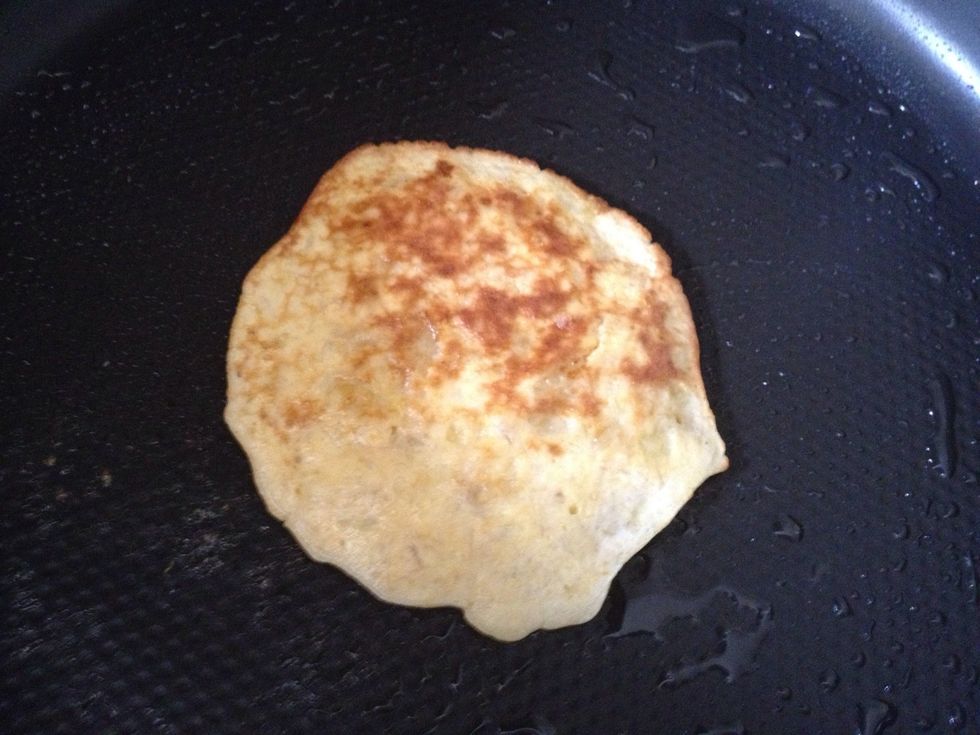 I pour in batter just a little bigger than the palm of my hand and get 5 pancakes out of this mixture. Make to your preferred size.