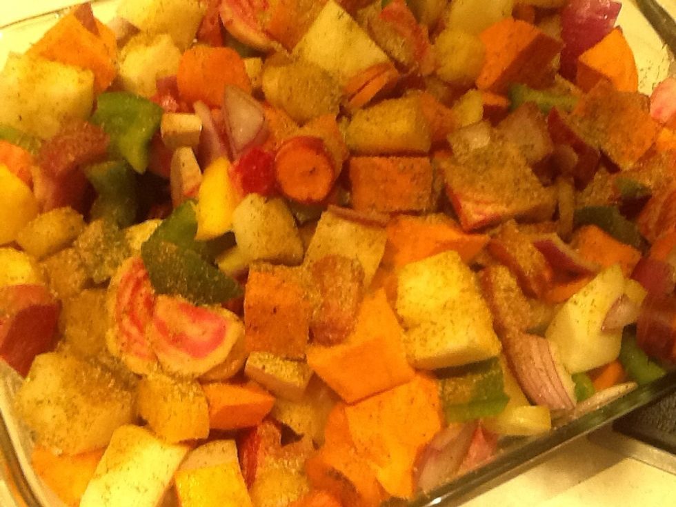 I pour the seasoning on top and stir every 10-20 minutes. ~ 1 to 1 1/2 hours.