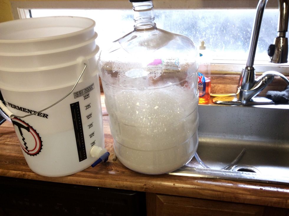 I poured a little of the Starsan mix into my carboy. Shake it a lot and you get foam. DON'T FEAR THE FOAM. Make it touch every part of the bottle. Starsan breaks down into food for yeast.