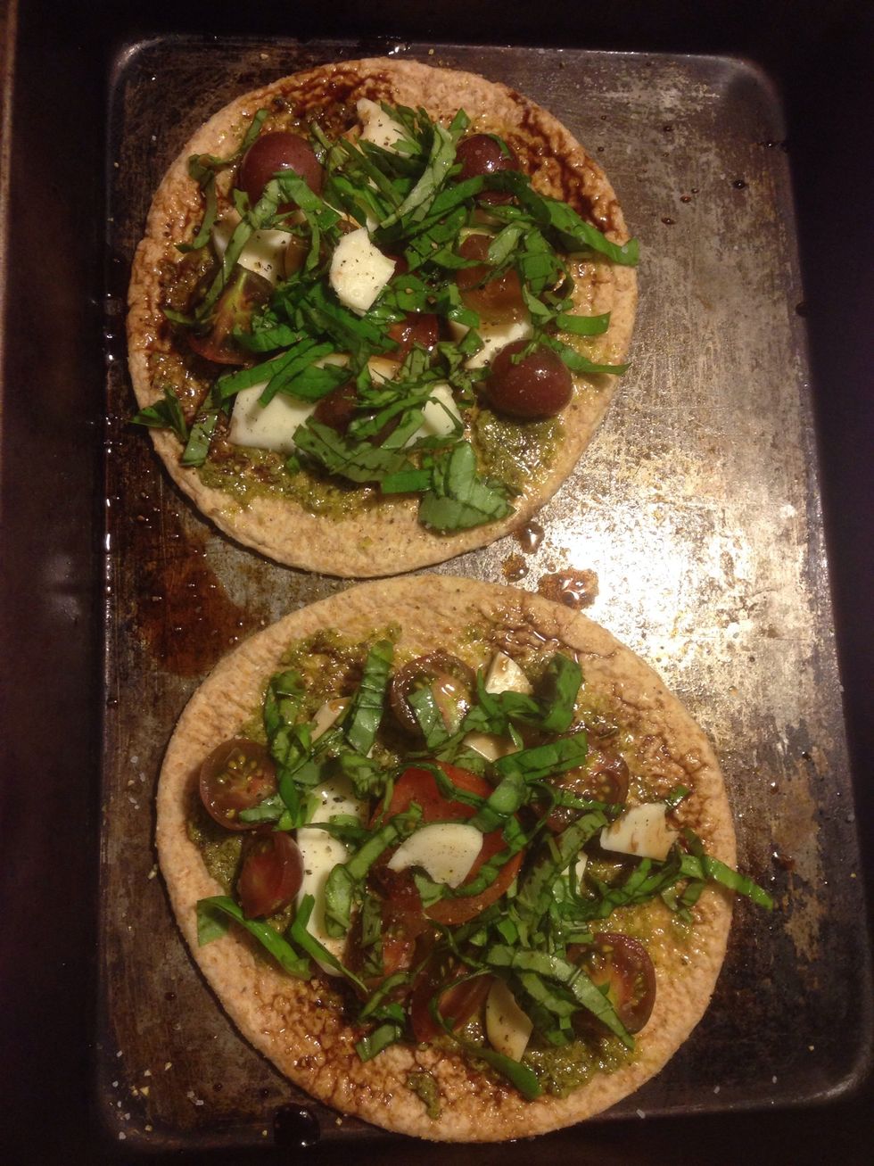 I poured balsamic vinegar on my wheat flatbread caprese