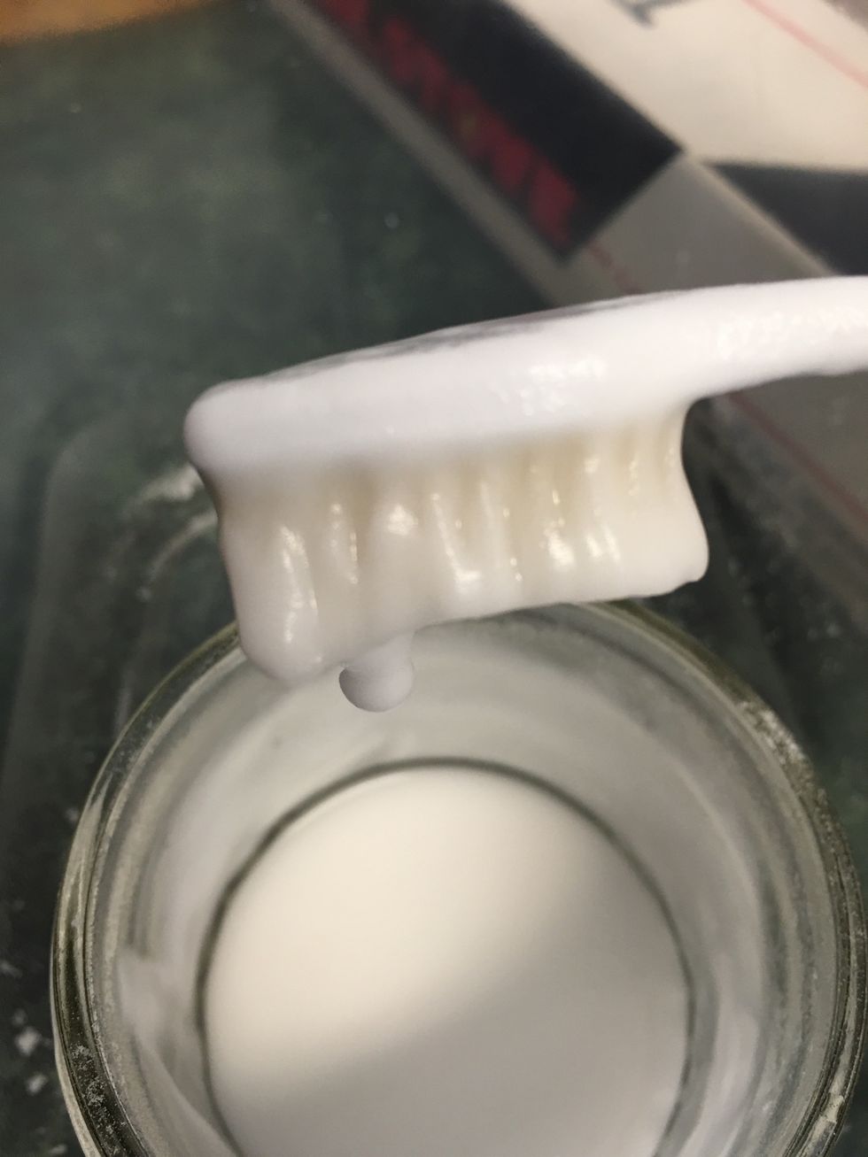 I prefer some fluidity, so if it drips once and then stays on the brush it's good for me. Use a small container inside a larger one to catch the vinegar overflow. Add a small amt of vinegar at a time