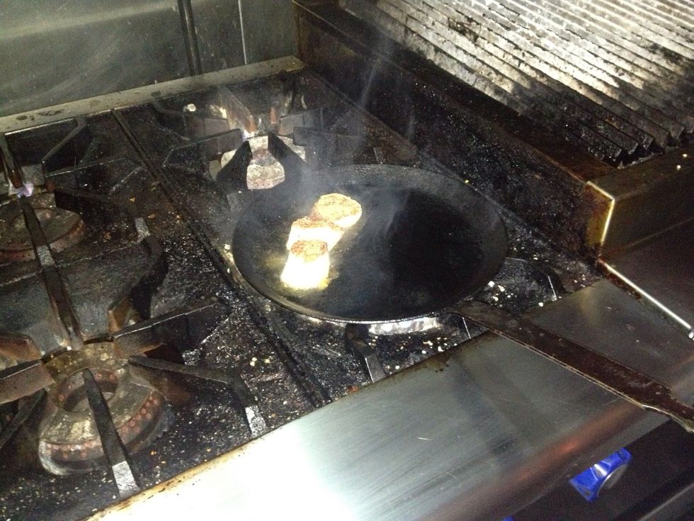 I pressed the scallops in the ground tea. I only used the tea to encrust one side of the scallop. I then got my pan really hot, added oil and seared each side for approx 1.5 min. Per side.