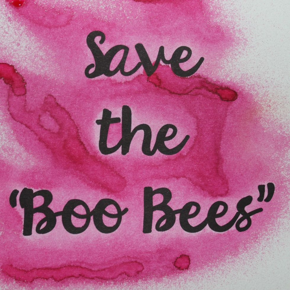 I printed "Save the Boo Bees" on a watercolor sheet and sprayed it with Colorations in Barbie, Wild Orchid and Patience. I made puddles with the Colorations and applied direct heat with a heat gun.