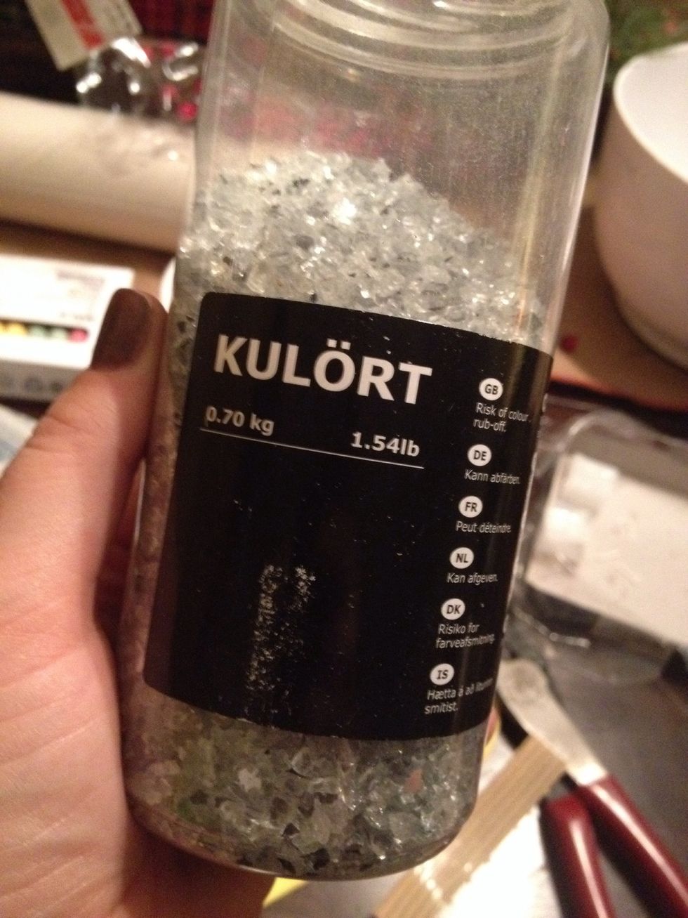 I purchased this at ikea also, it was in the same area as the jars I bought. Mix the Epsom salt and a small amount of glass together. If you don't like the recycled glass you could use glitter.