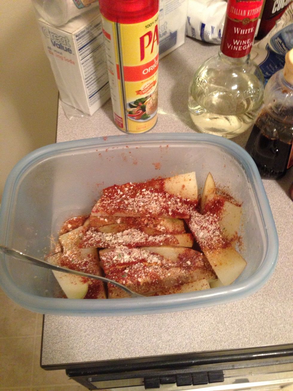 I put about 2 tsp on the potatoes. Adding pepper would be good as well, I just forgot it. :/