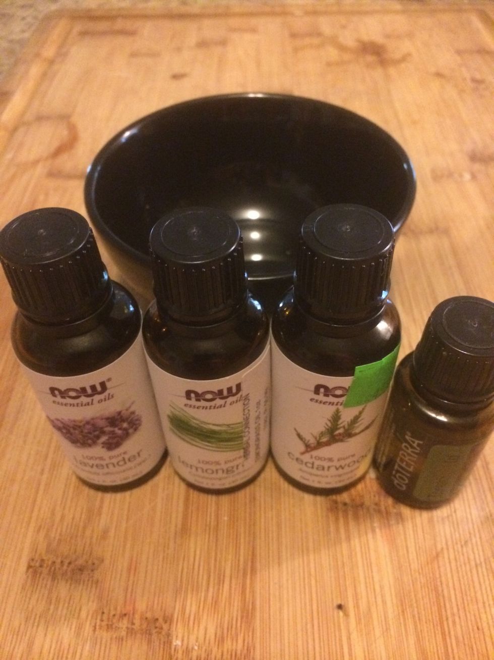 I put all the oils in a bowl. Most larger oil company's have their own bug mix. If you can not find one, they are a mix of citronella, tea tree, lavender, peppermint, patchouli.