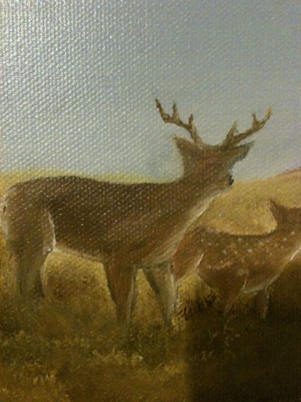 I put in the horns with the deer color and white. I used the twiggy liner and thinned the paint to about like ink. I also put on little bits of lighter color so it isn't the same all over.