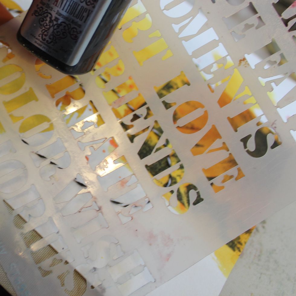 I put my layout together with the ribbons and some embellishments and then it was time to add a sentiment or word. I used the Soliloqui Stencil and Stone Effects in Lava.