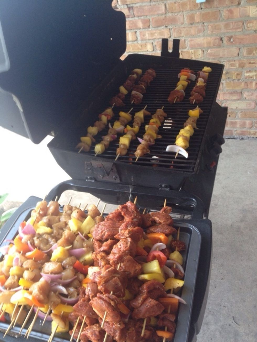 I put the chicken on a low to medium heat and the lamb on a bit higher heat since the meat is cut thicker. I turn them every few minutes to prevent them from burning.