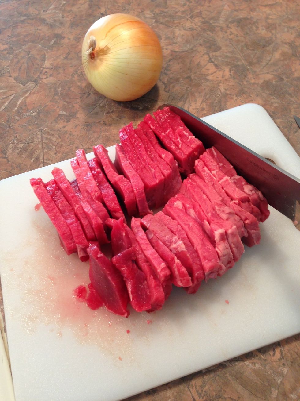 I put the meat in the freezer 1-1/2 hours till it was frosty (not frozen). Then took it out and sliced 1/4" strips. It sliced WAY nicer if Beef is frosty.