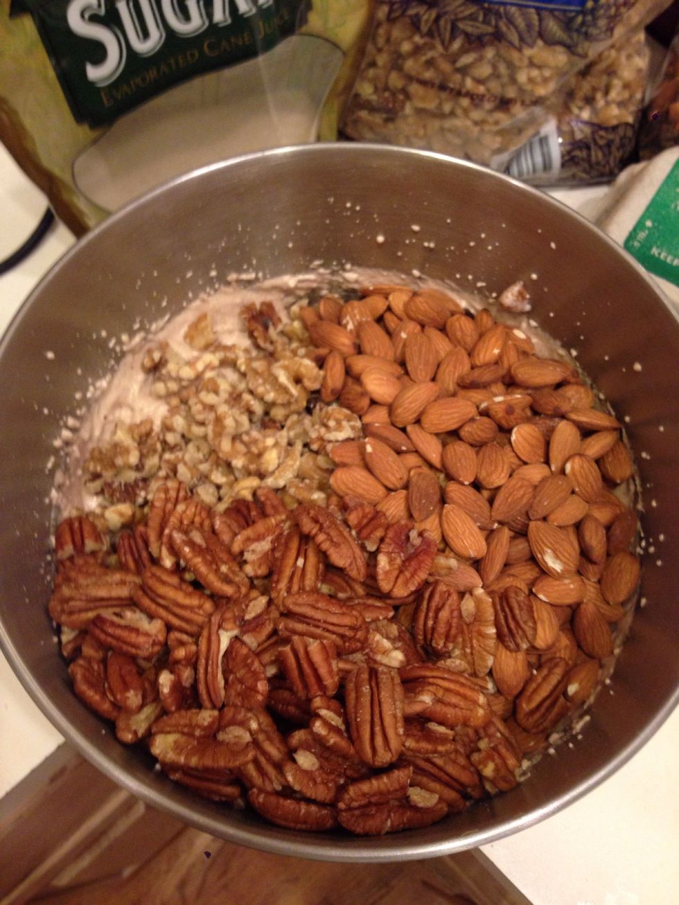 I quadrupled the recipe for Christmas so I added a 12 cups of nuts!