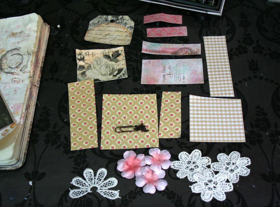 I randomly cut papers and prepared embellishments : flowers, flowers from Trims, Paper clip\u2026..